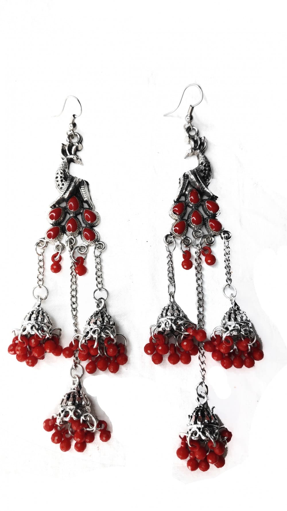 Red Women's Peacock 3 Silver Oxidized Jhumki earring