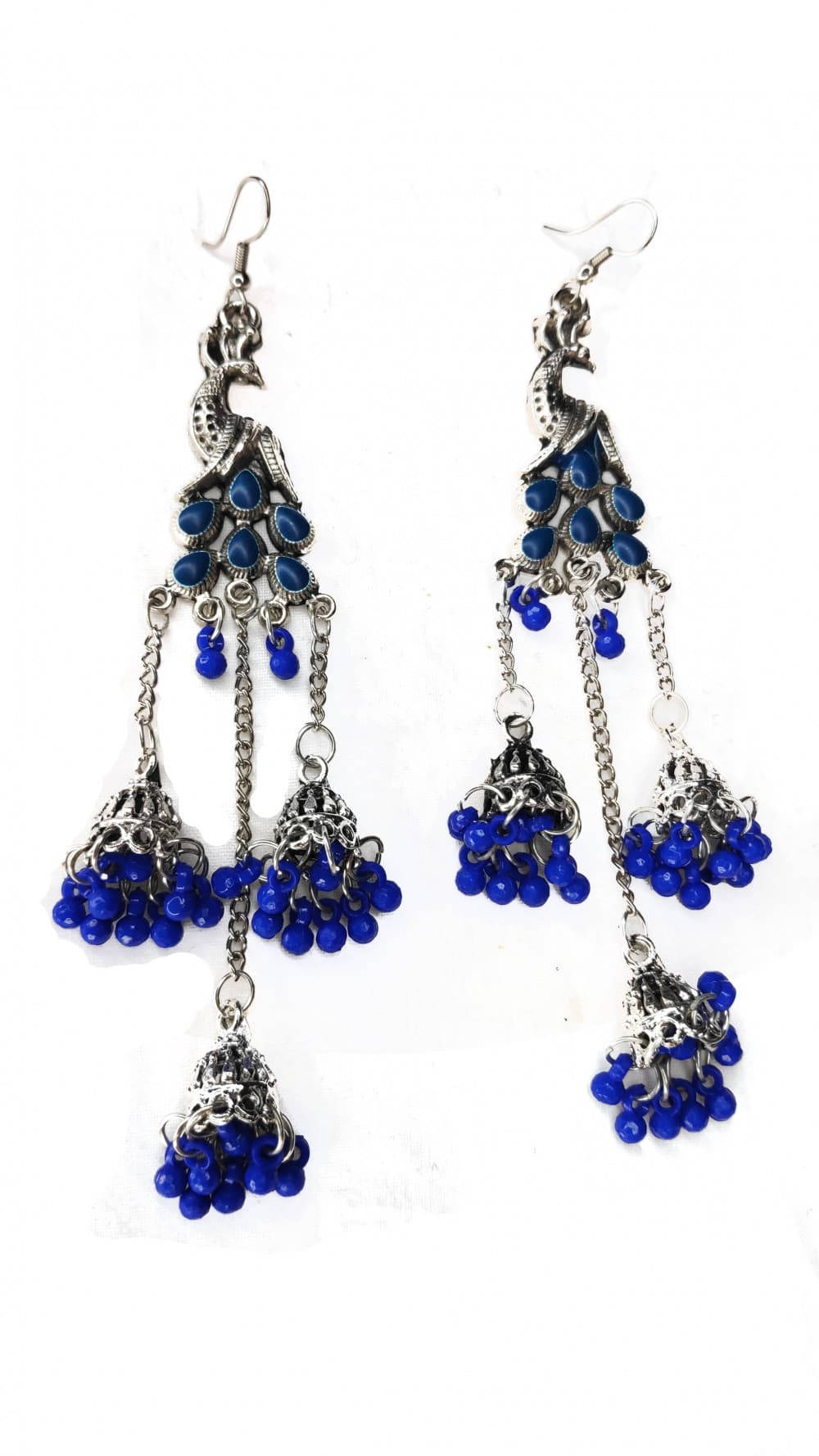 Royal Blue Women's Peacock 3 Silver Oxidized Jhumki earring 
