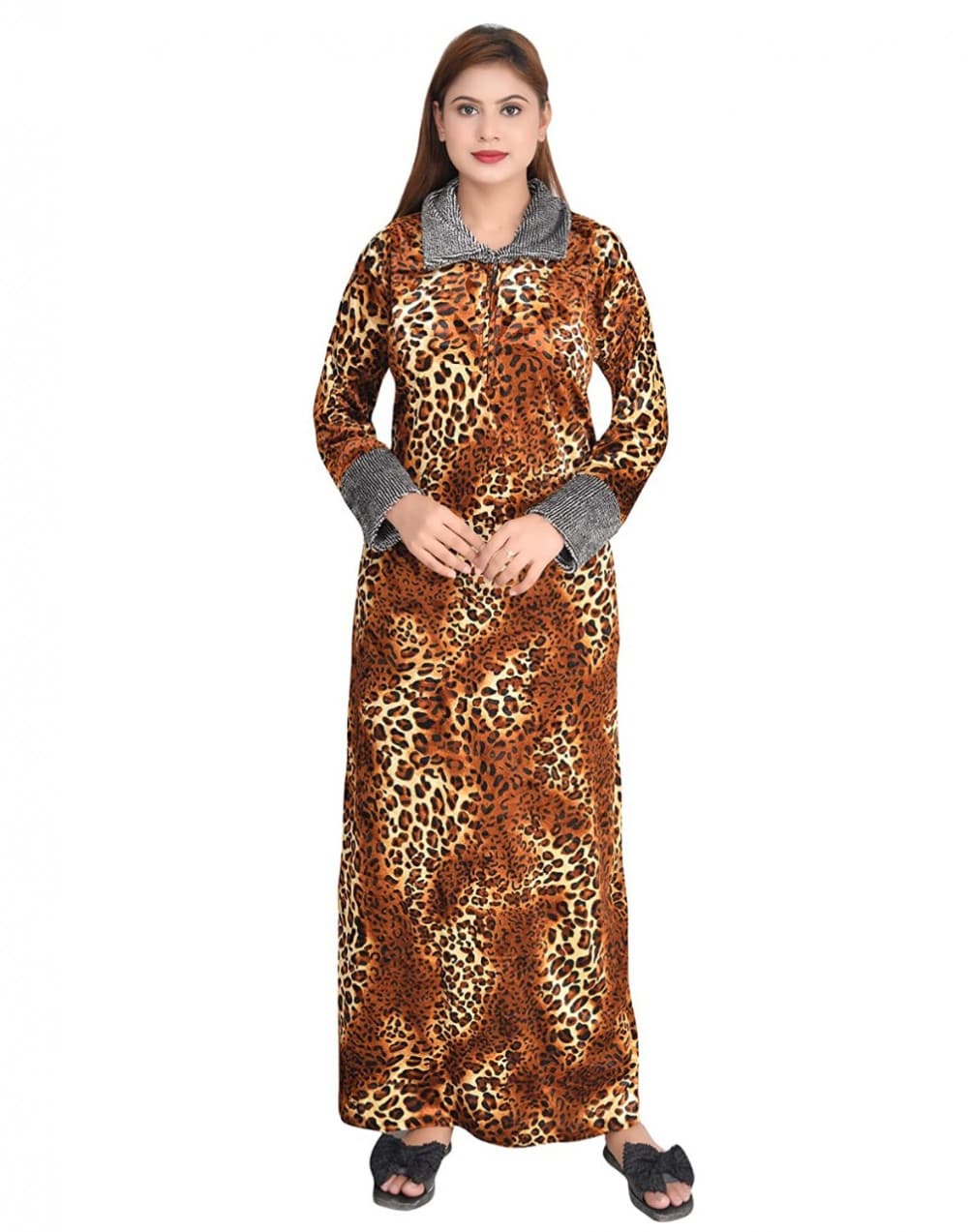 Mustard Tiger Print Velvet Nighty for Women