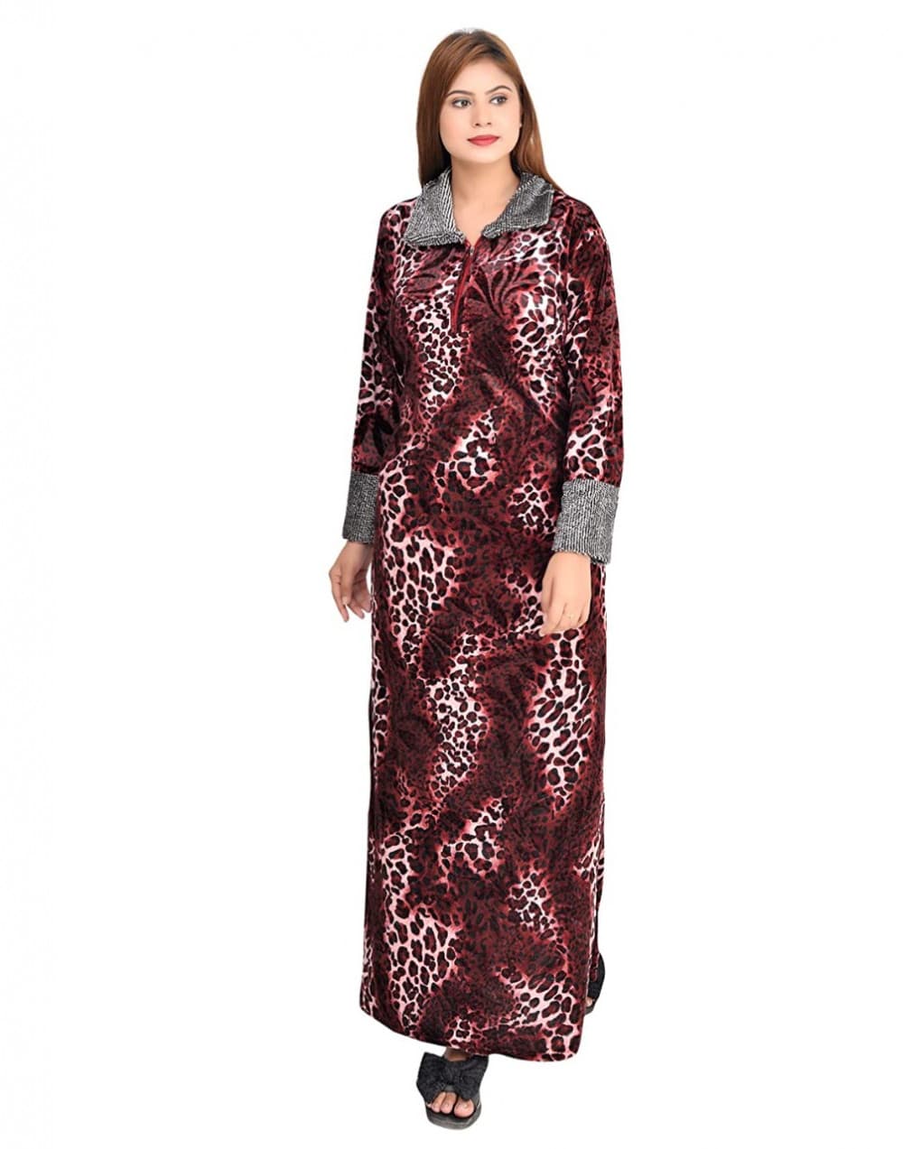 Wine Tiger Print Velvet Nighty for Women