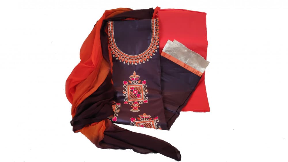 Brown Casual Wear Suit Embroidered Suit With Two Tone Dupatta