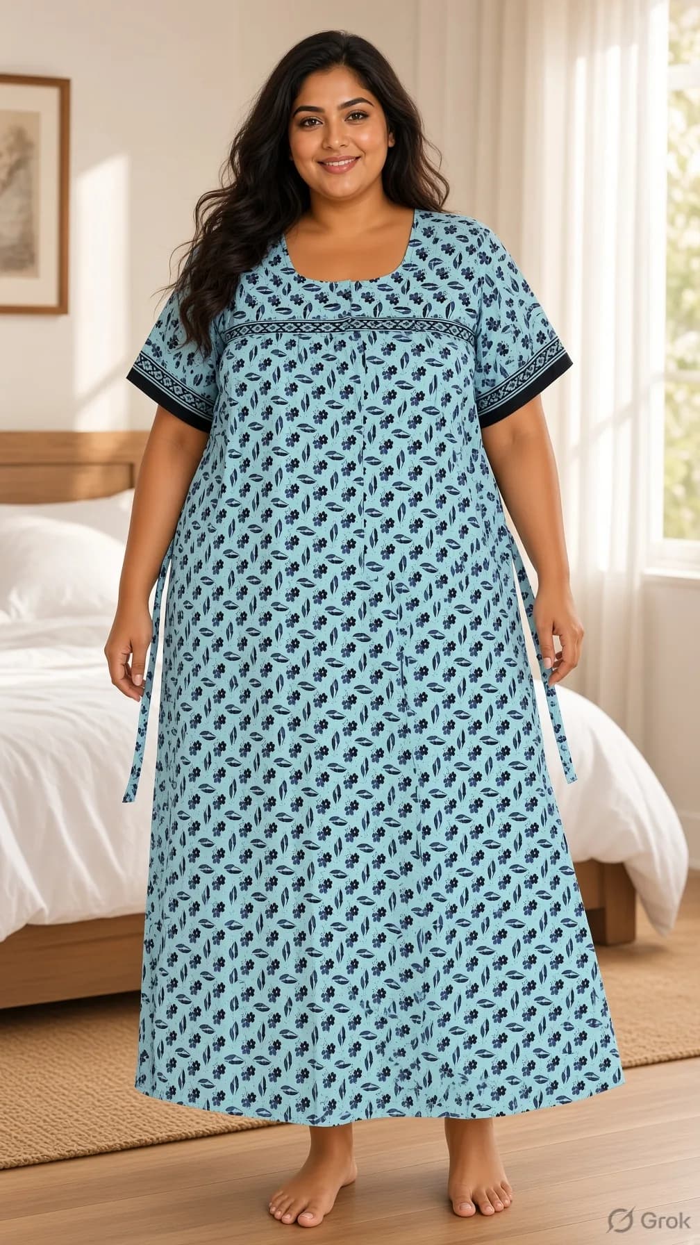 Light blue Women’s Floral Print Pure Cotton Nightgown / Nighty with Side Ties