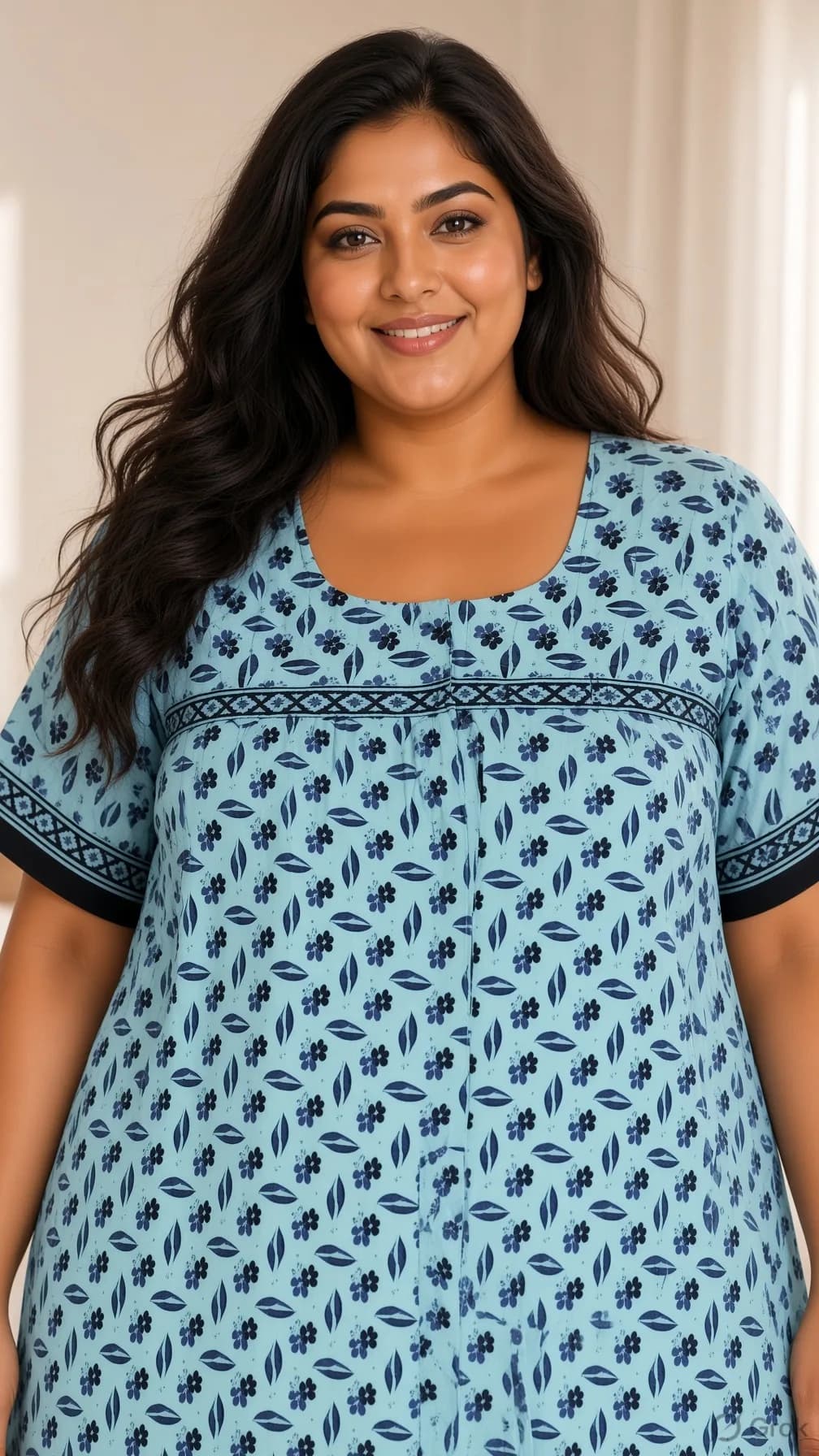 Light blue Women’s Floral Print Pure Cotton Nightgown / Nighty with Side Ties