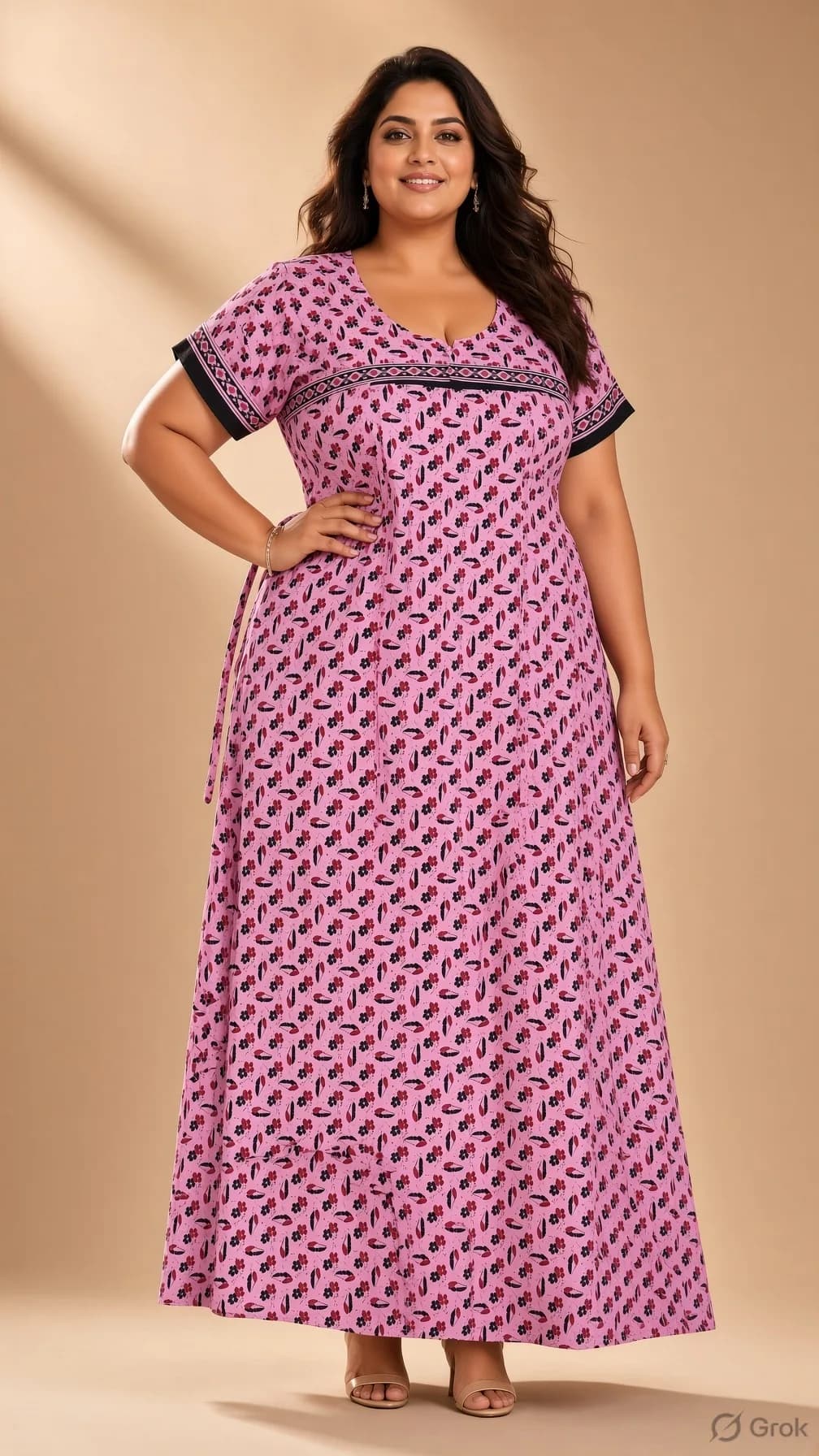 Light Pink Women’s Floral Print Pure Cotton Nightgown / Nighty with Side Ties