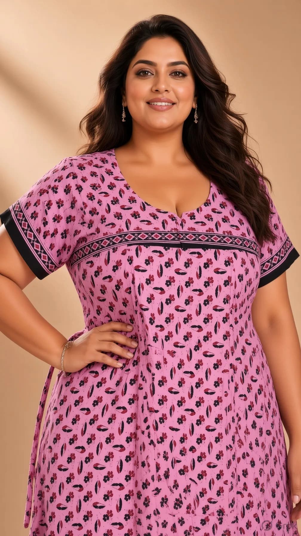 Light Pink Women’s Floral Print Pure Cotton Nightgown / Nighty with Side Ties