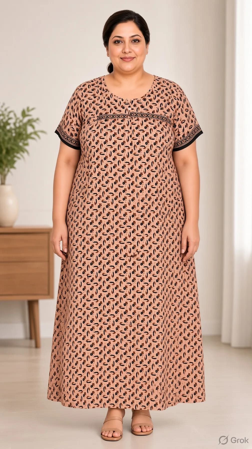 Peach Women’s Floral Print Pure Cotton Nightgown / Nighty with Side Ties