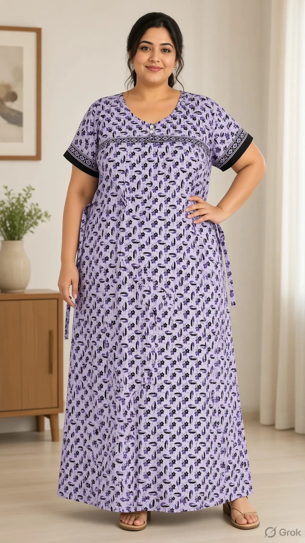 Light Purple Women’s Floral Print Pure Cotton Nightgown / Nighty with Side Ties