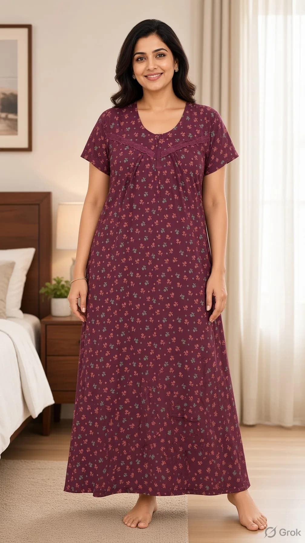 Maroon Women’s Floral Printed Soft Nightgown with Lace & Front Zip