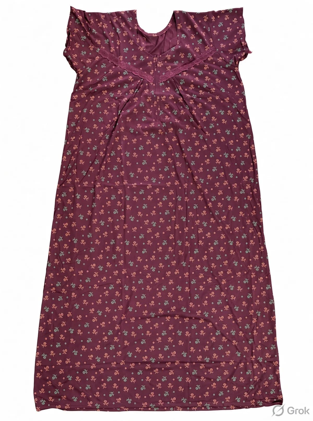 Maroon Women’s Floral Printed Soft Nightgown with Lace & Front Zip