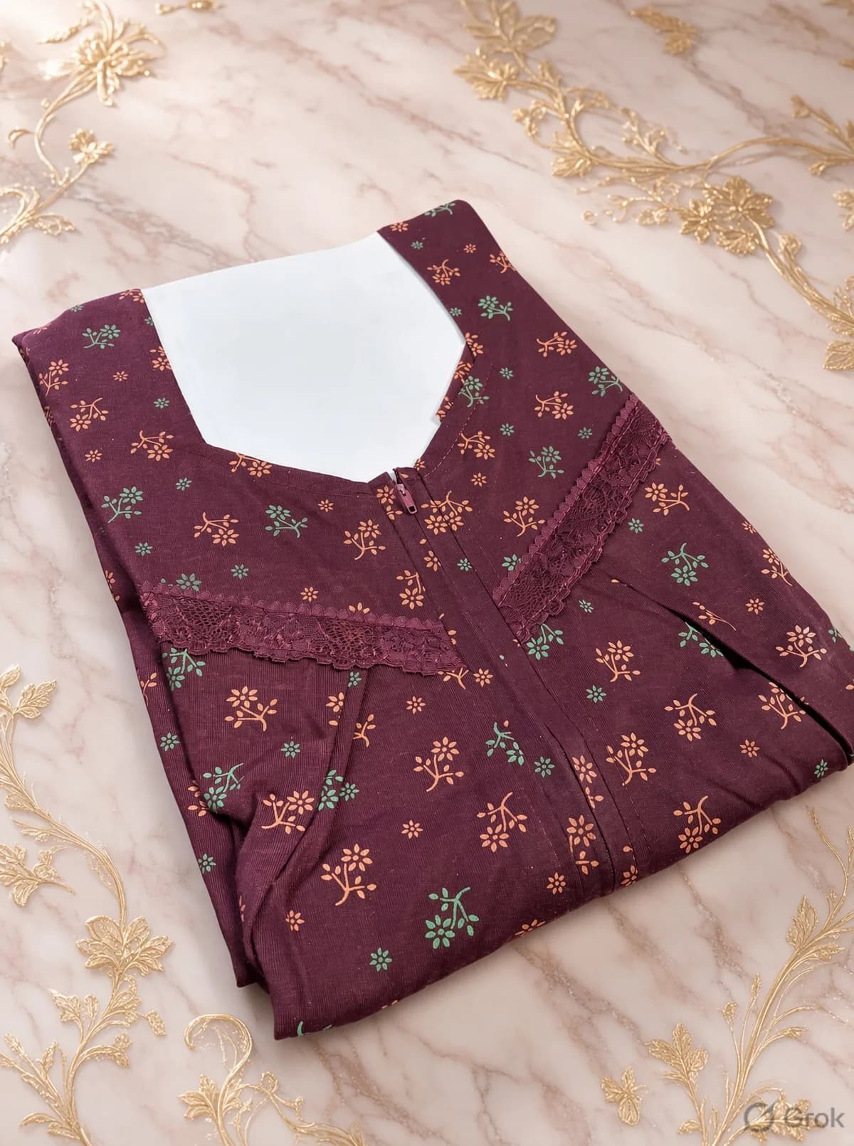 Maroon Women’s Floral Printed Soft Nightgown with Lace & Front Zip