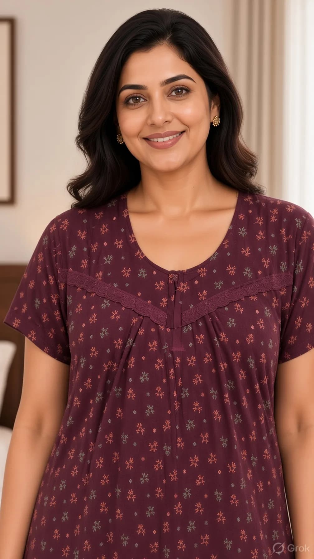 Maroon Women’s Floral Printed Soft Nightgown with Lace & Front Zip