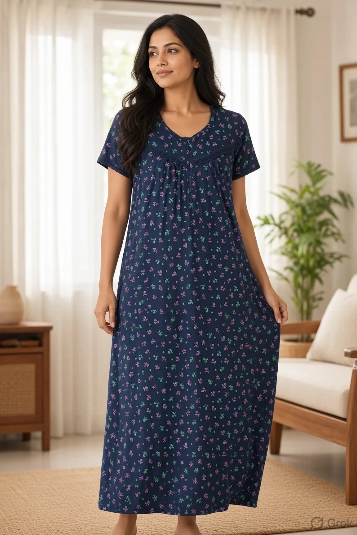 Navy Blue Women’s Floral Printed Soft Nightgown with Lace & Front Zip
