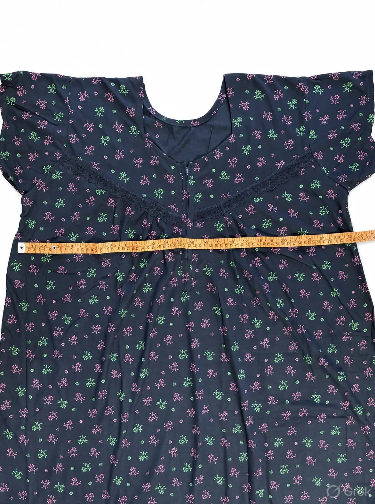 Navy Blue Women’s Floral Printed Soft Nightgown with Lace & Front Zip
