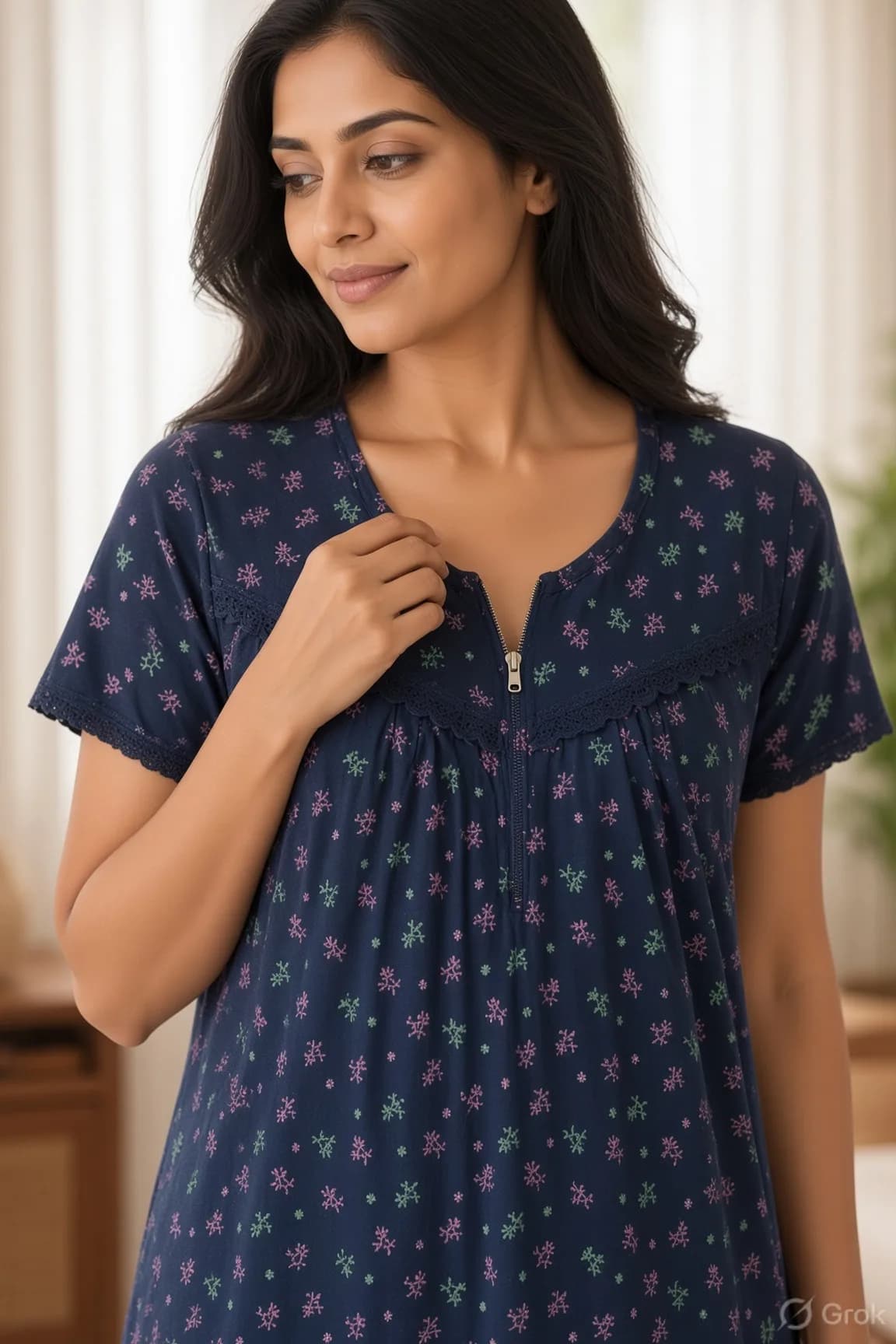 Navy Blue Women’s Floral Printed Soft Nightgown with Lace & Front Zip
