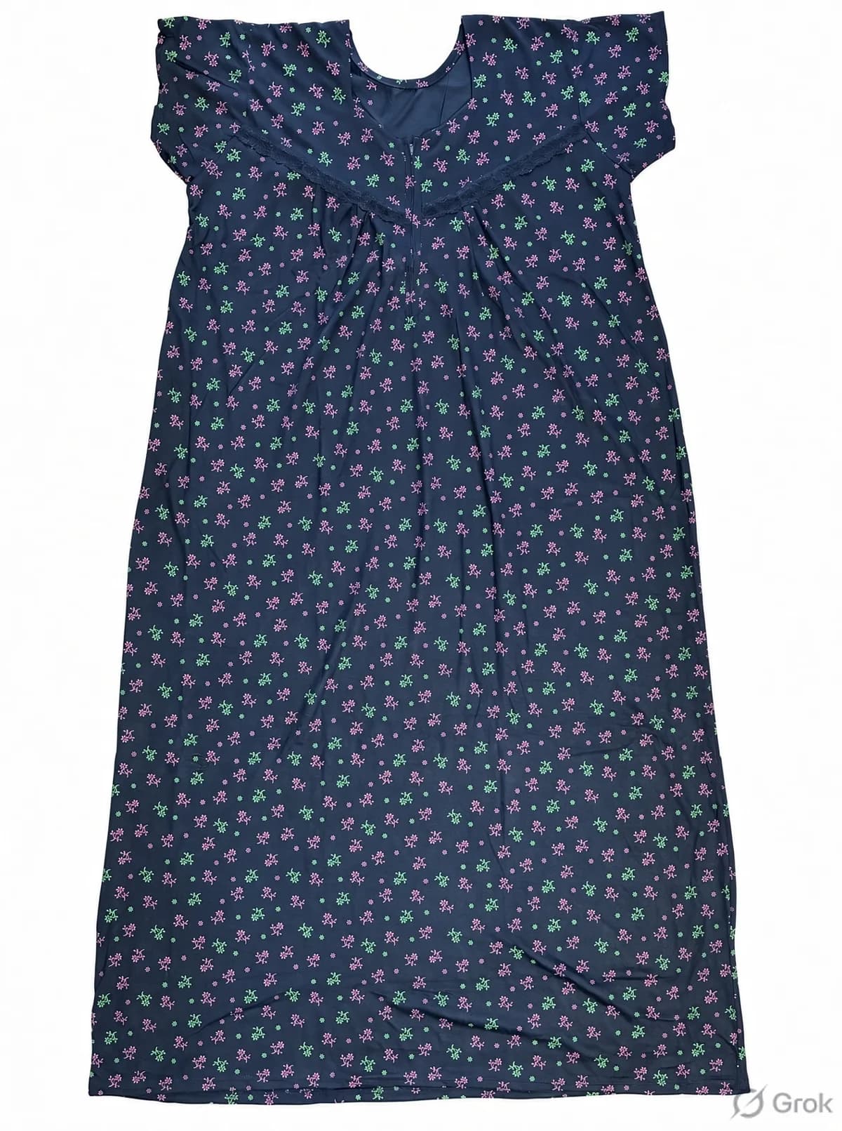 Navy Blue Women’s Floral Printed Soft Nightgown with Lace & Front Zip