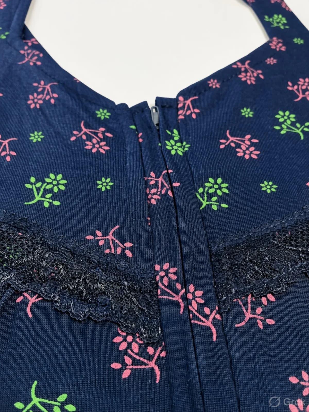 Navy Blue Women’s Floral Printed Soft Nightgown with Lace & Front Zip