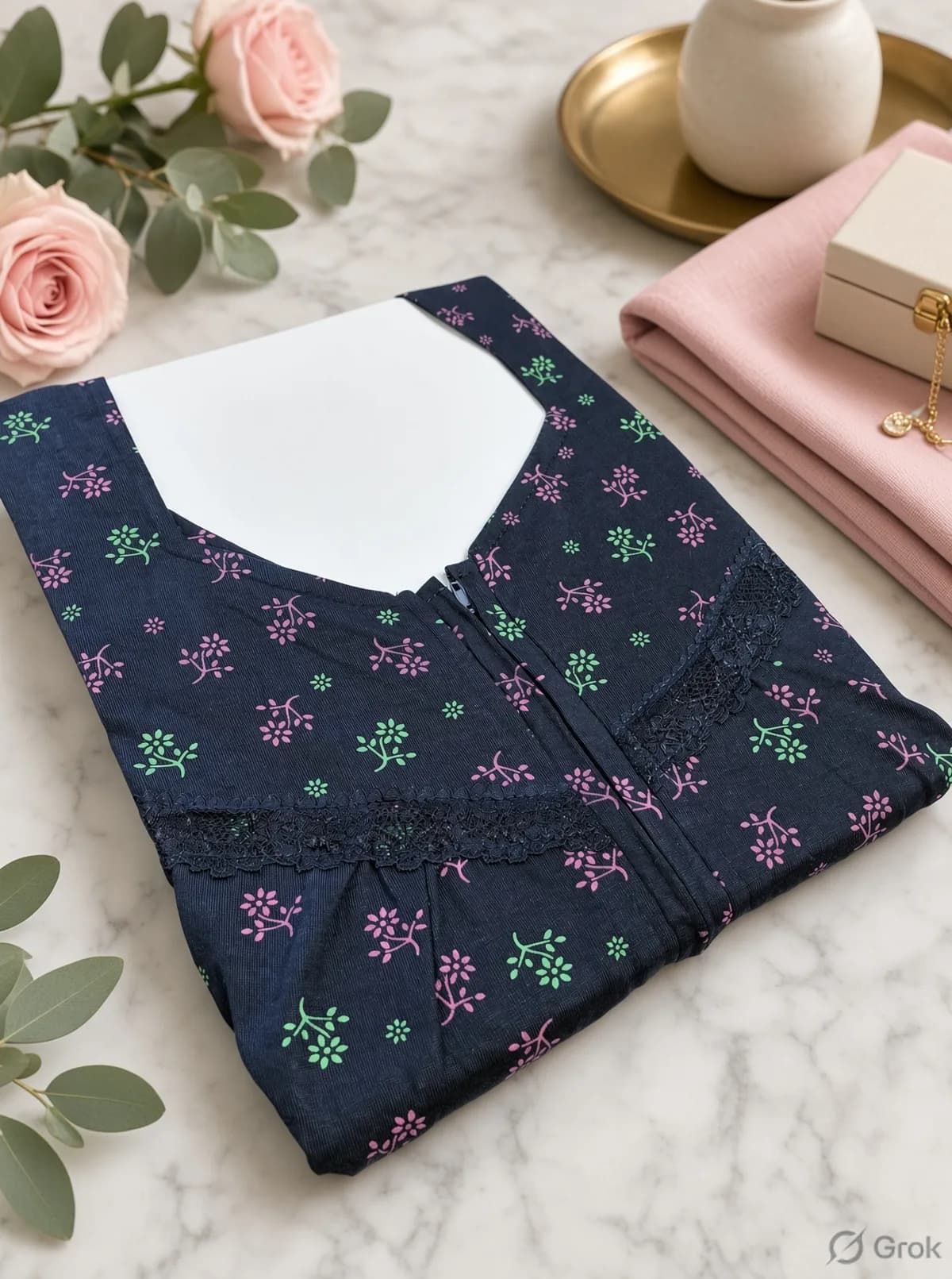 Navy Blue Women’s Floral Printed Soft Nightgown with Lace & Front Zip