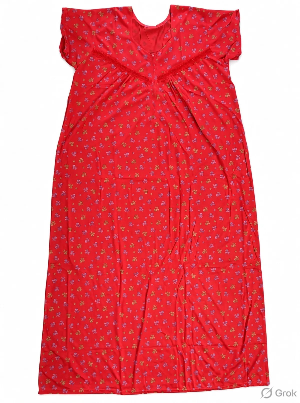 Red Women’s Floral Printed Soft Nightgown with Lace & Front Zip