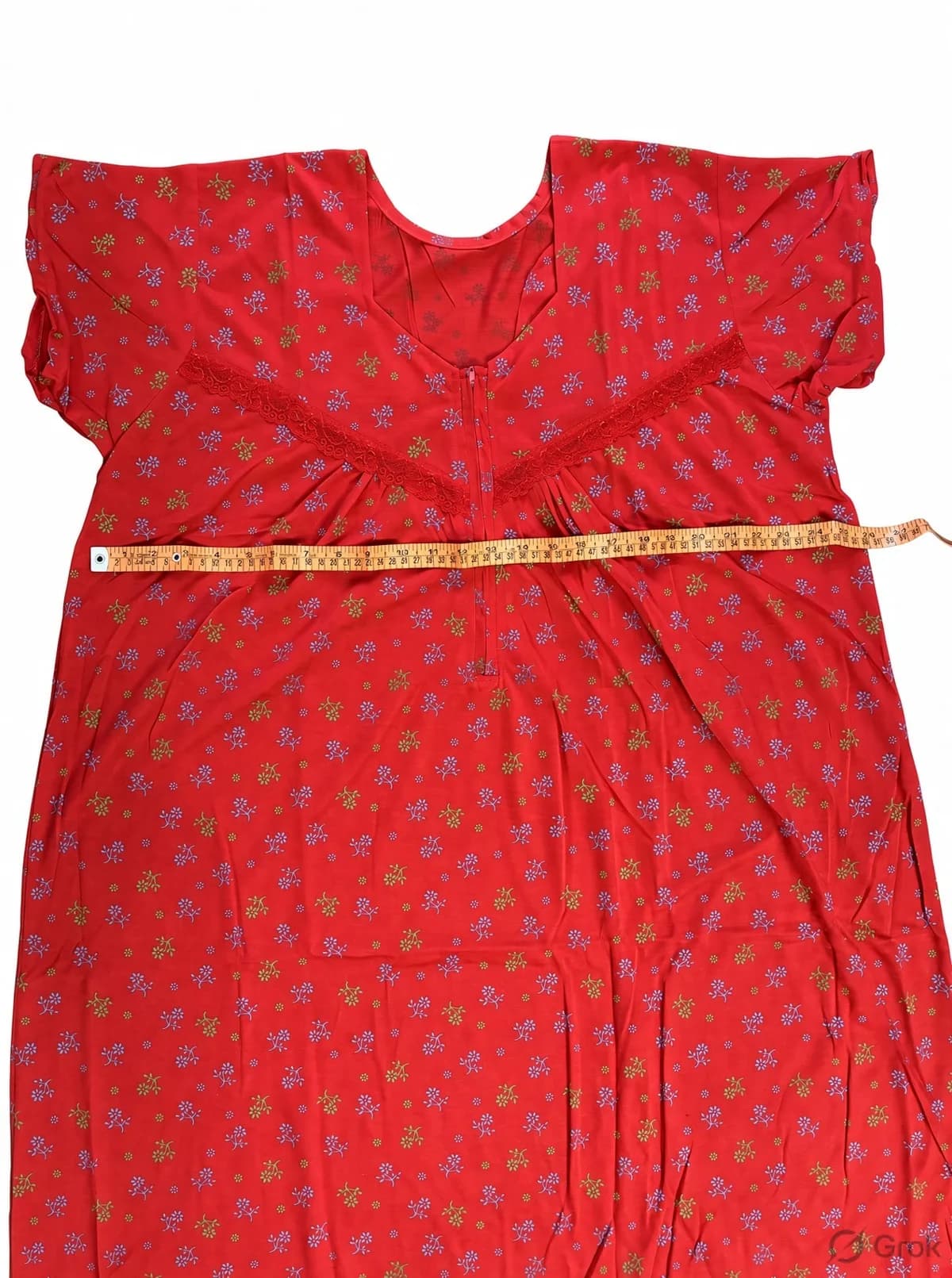 Red Women’s Floral Printed Soft Nightgown with Lace & Front Zip