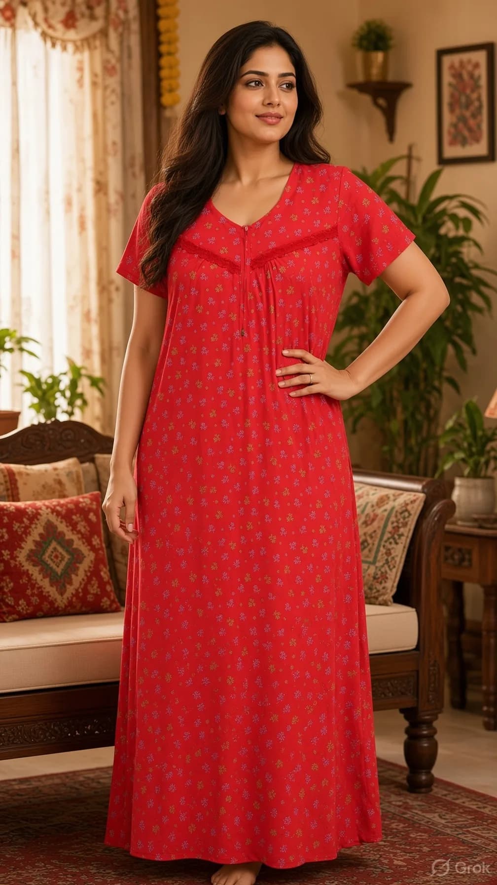 Red Women’s Floral Printed Soft Nightgown with Lace & Front Zip
