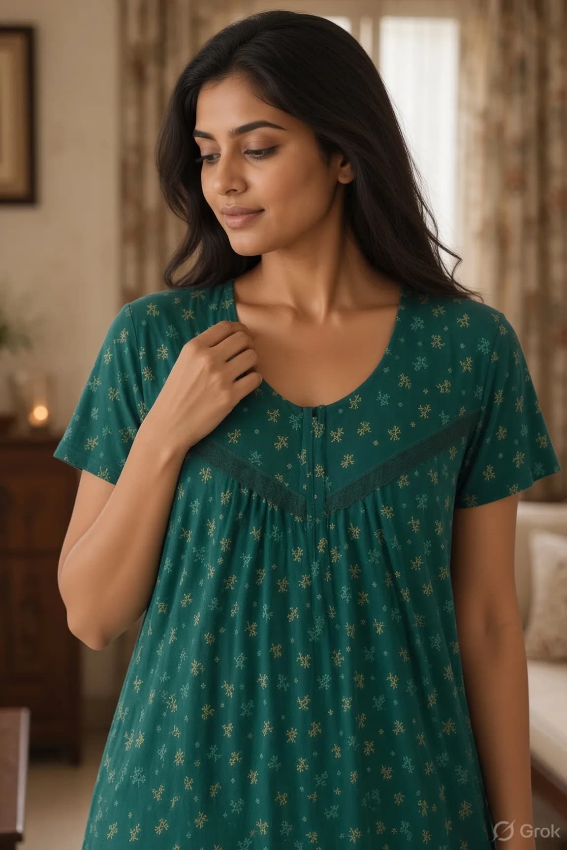 Bottle Green Women’s Floral Printed Soft Nightgown with Lace & Front Zip