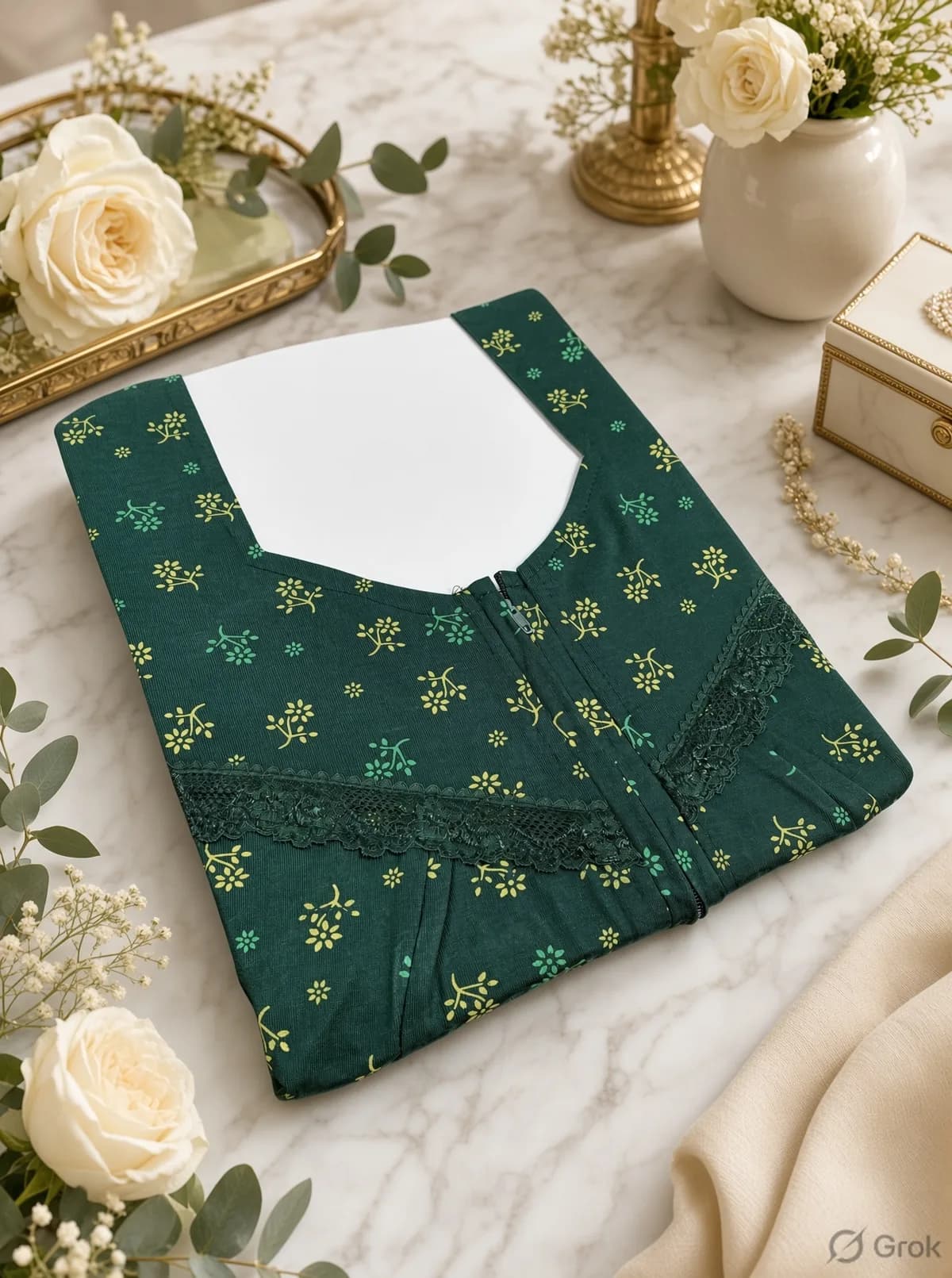 Bottle Green Women’s Floral Printed Soft Nightgown with Lace & Front Zip
