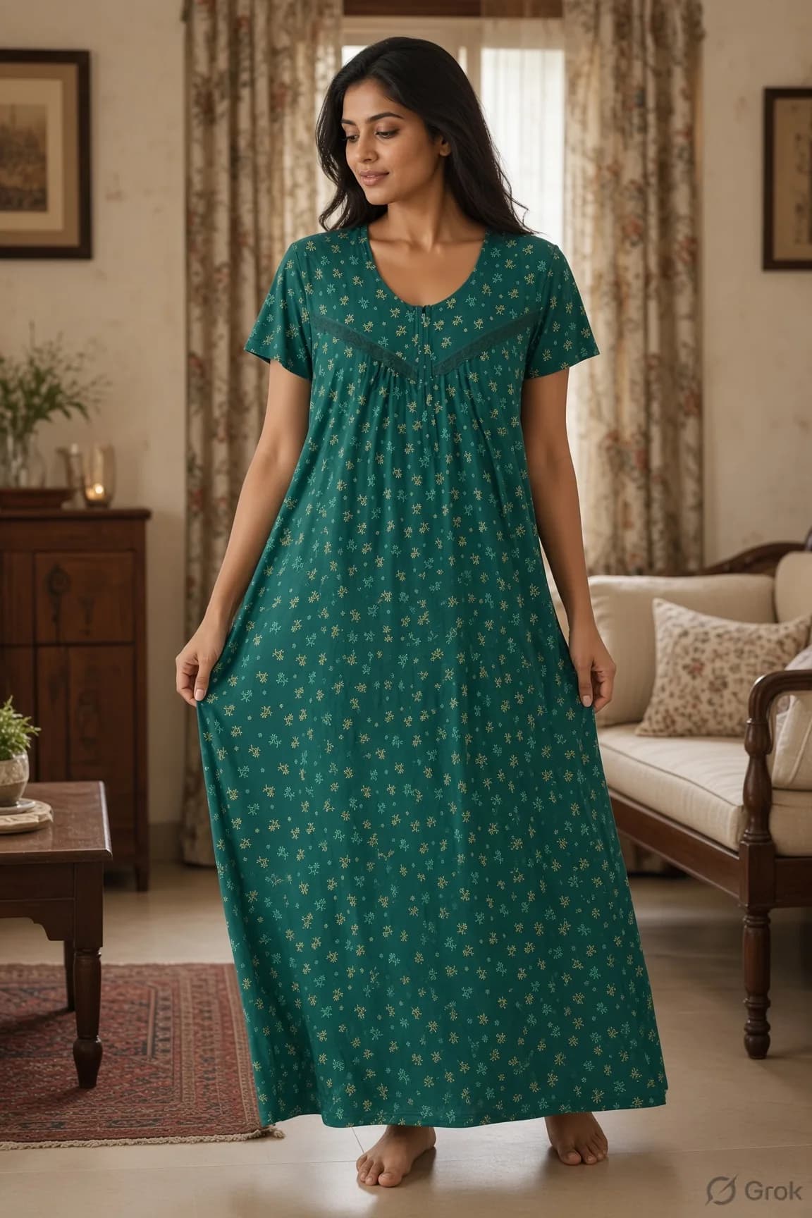Bottle Green Women’s Floral Printed Soft Nightgown with Lace & Front Zip