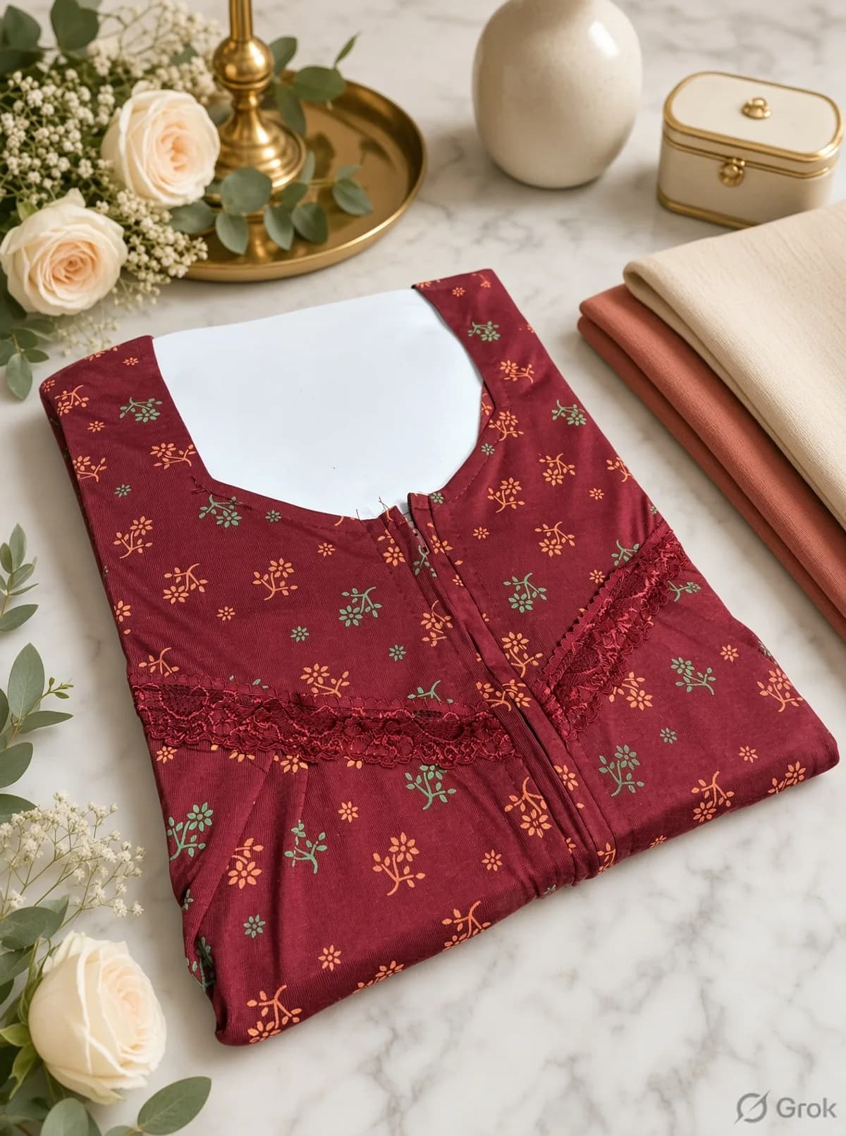 Burgundy Women’s Floral Printed Soft Nightgown with Lace & Front Zip