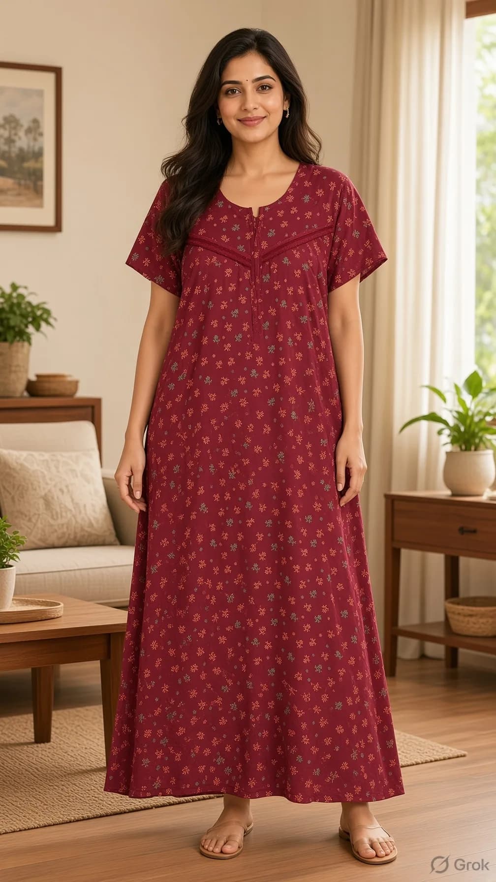 Burgundy Women’s Floral Printed Soft Nightgown with Lace & Front Zip