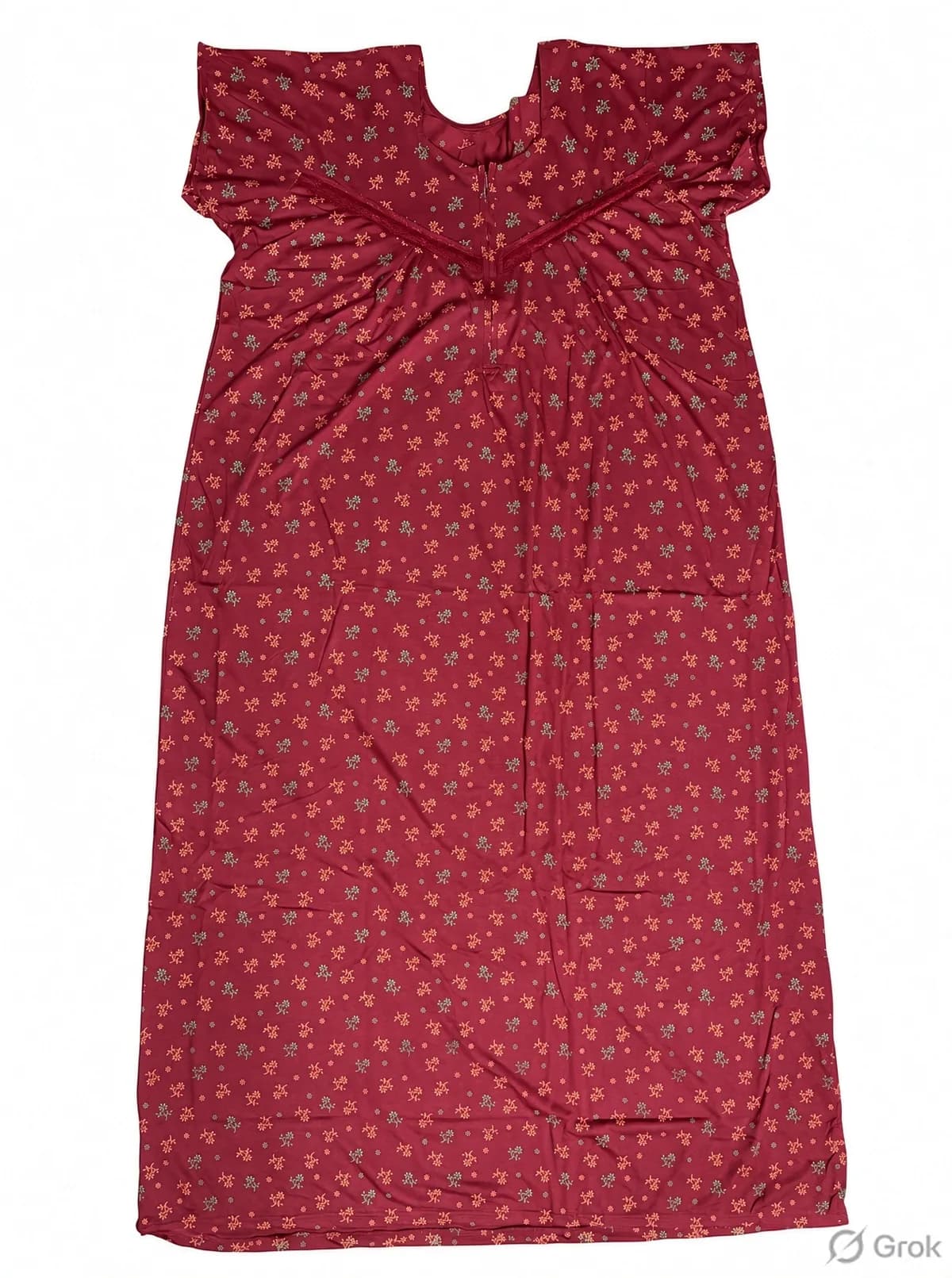 Burgundy Women’s Floral Printed Soft Nightgown with Lace & Front Zip