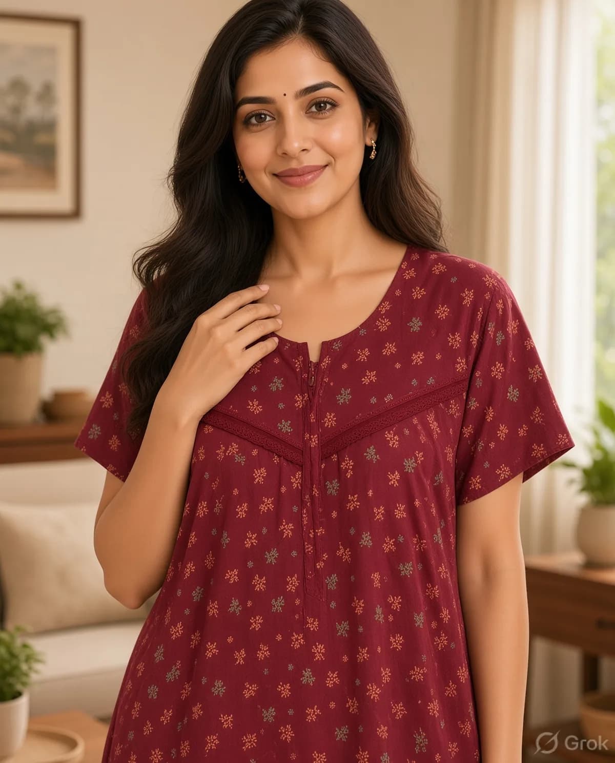 Burgundy Women’s Floral Printed Soft Nightgown with Lace & Front Zip