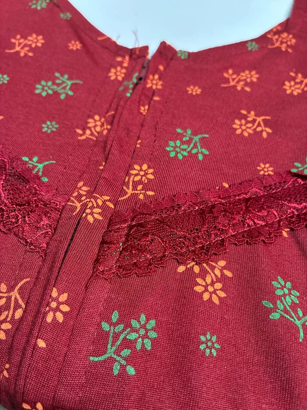 Burgundy Women’s Floral Printed Soft Nightgown with Lace & Front Zip