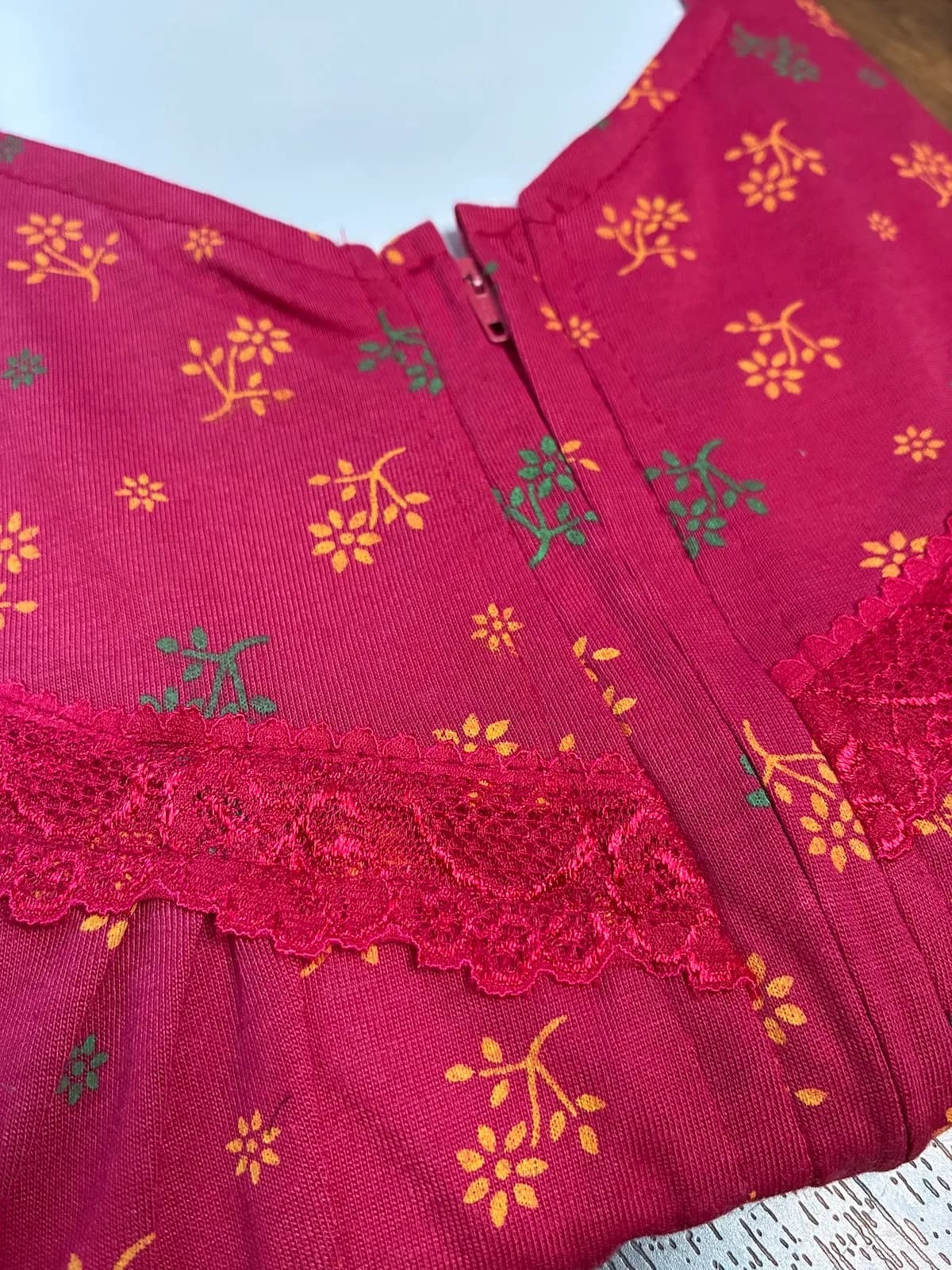 Magenta Women’s Floral Printed Soft Nightgown with Lace & Front Zip