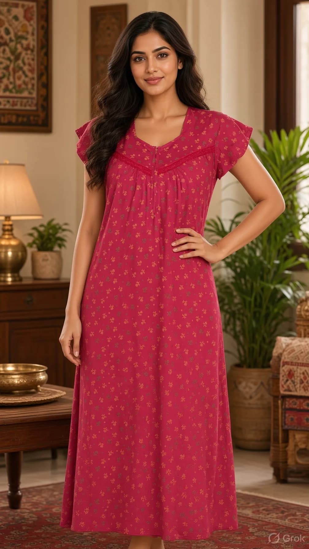 Magenta Women’s Floral Printed Soft Nightgown with Lace & Front Zip