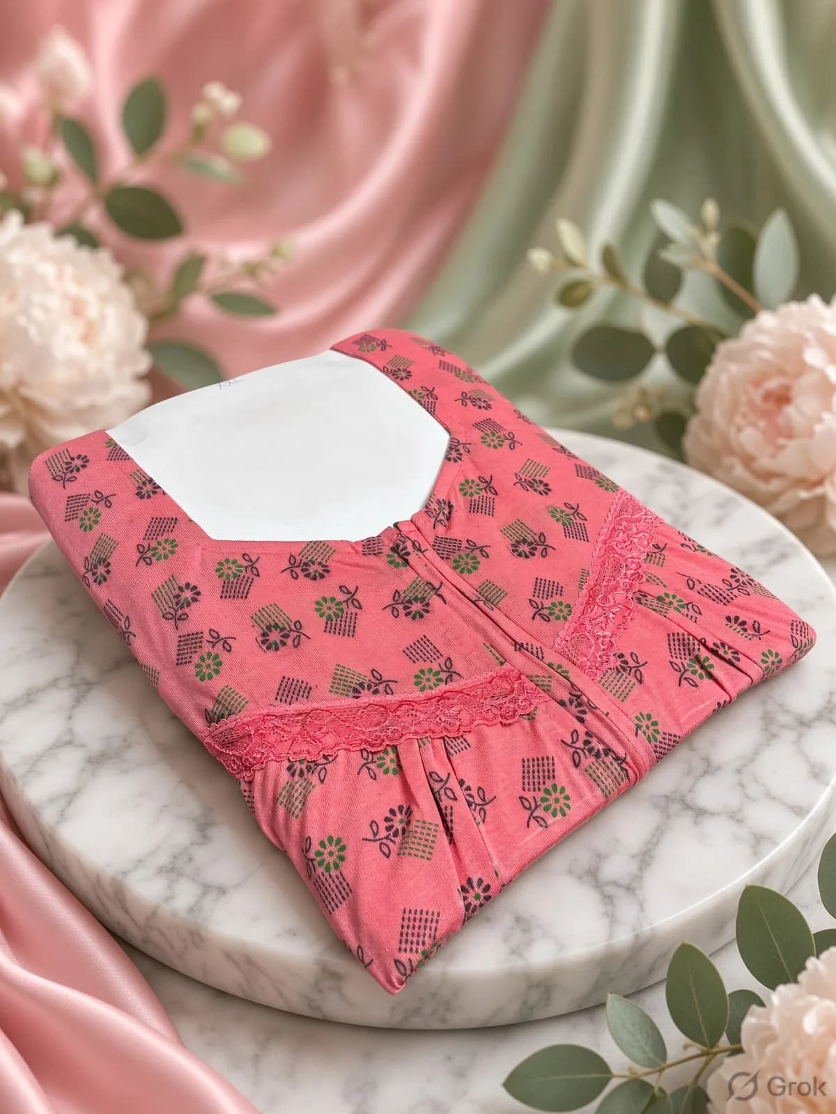 Pink Women’s Floral Printed Soft Nightgown with Lace & Front Zip