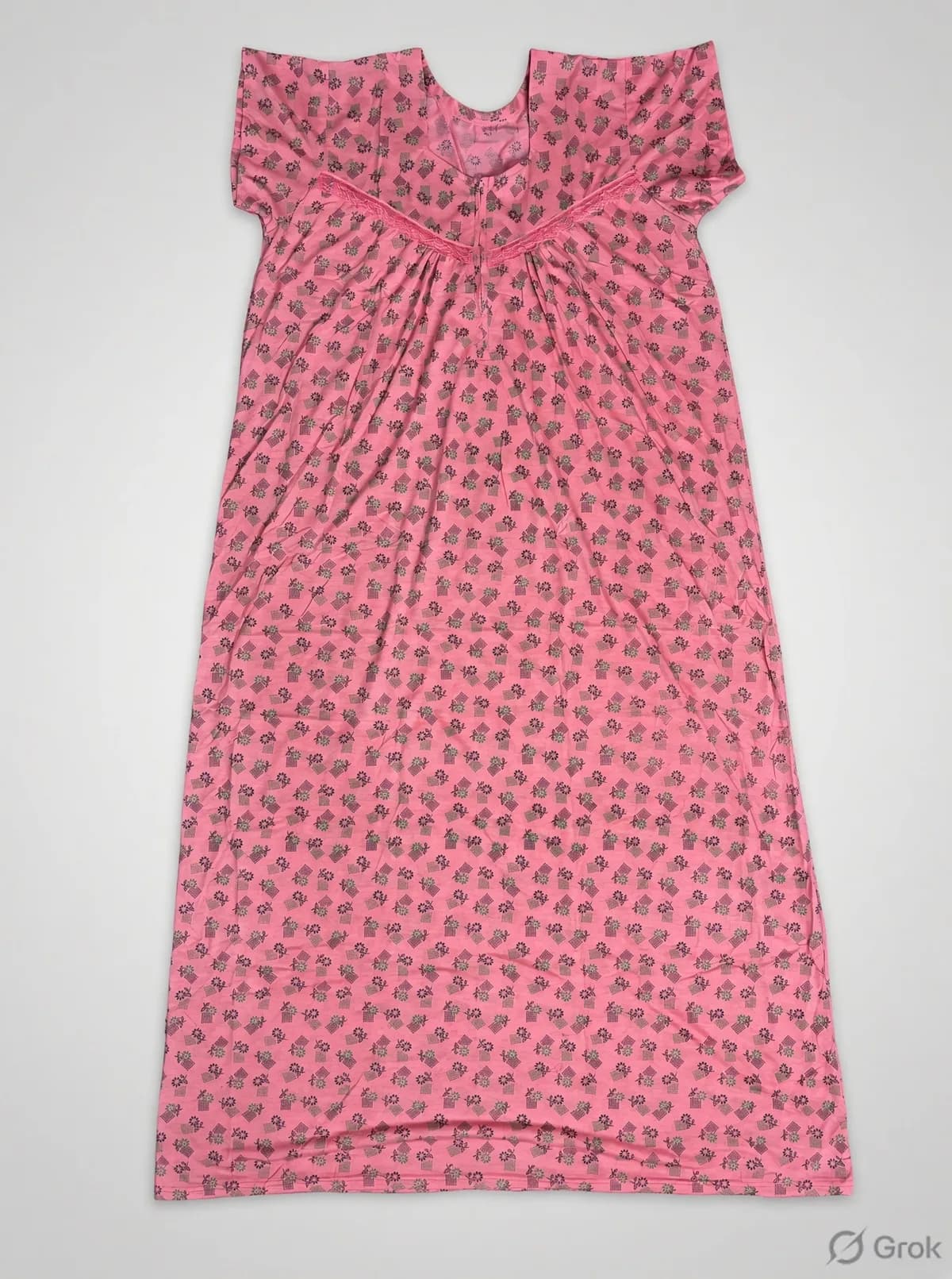Pink Women’s Floral Printed Soft Nightgown with Lace & Front Zip