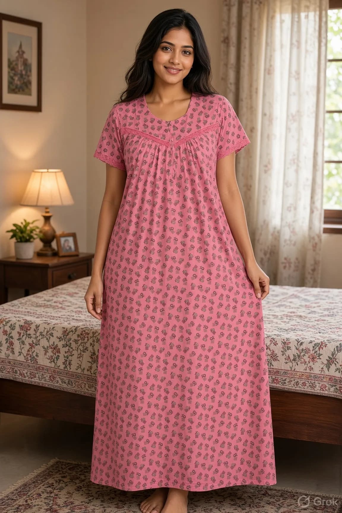 Pink Women’s Floral Printed Soft Nightgown with Lace & Front Zip