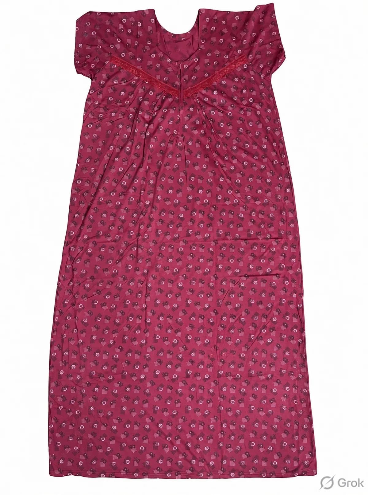 Wine Women’s Floral Printed Soft Nightgown with Lace & Front Zip
