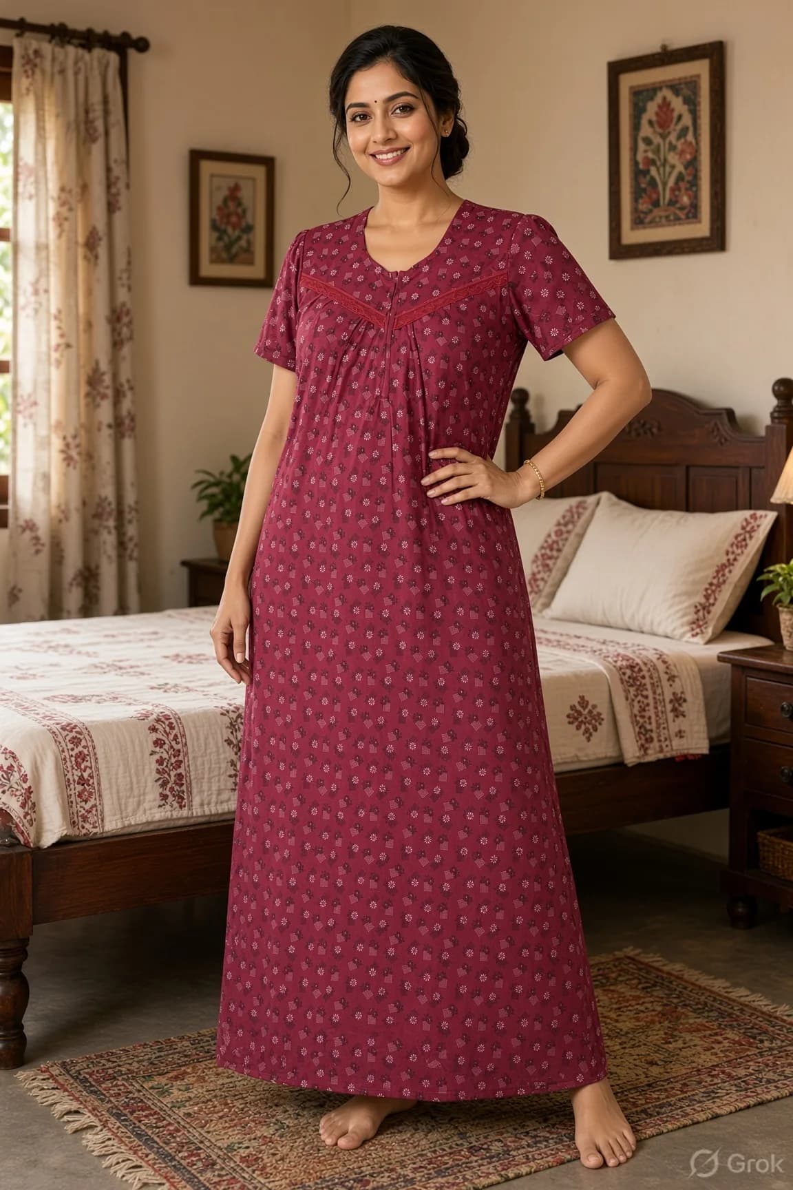 Wine Women’s Floral Printed Soft Nightgown with Lace & Front Zip