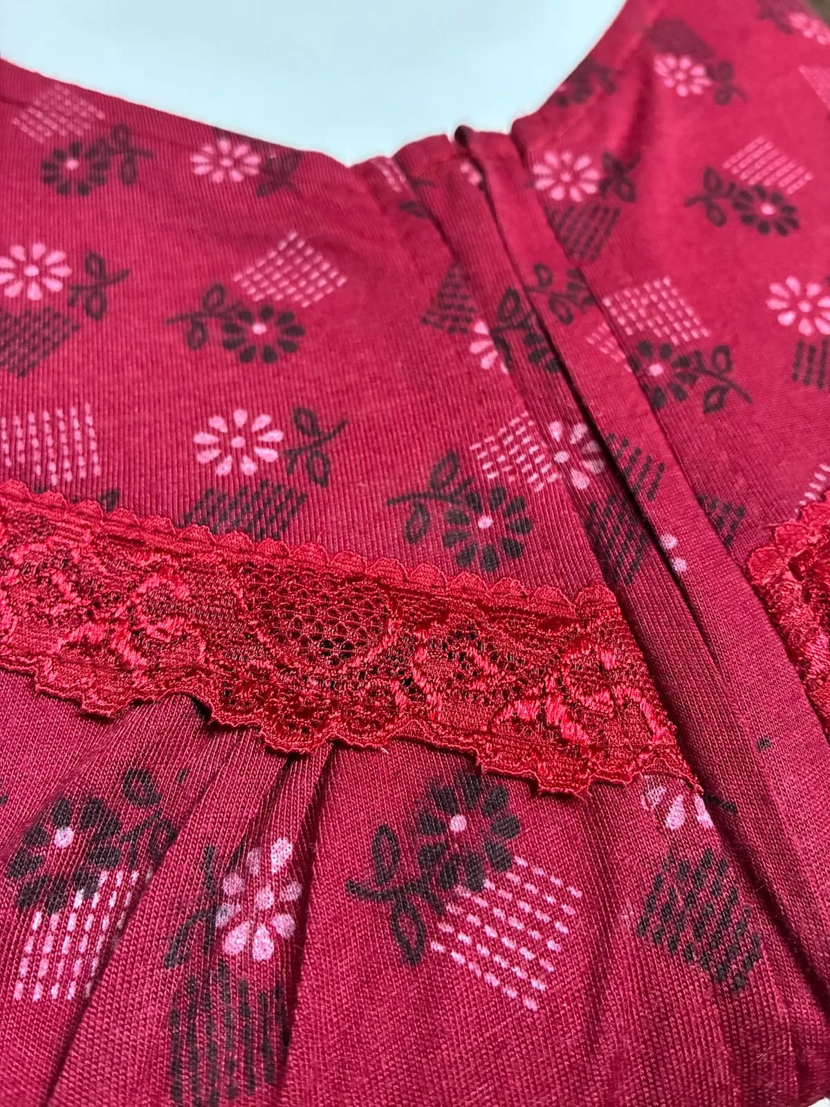 Wine Women’s Floral Printed Soft Nightgown with Lace & Front Zip