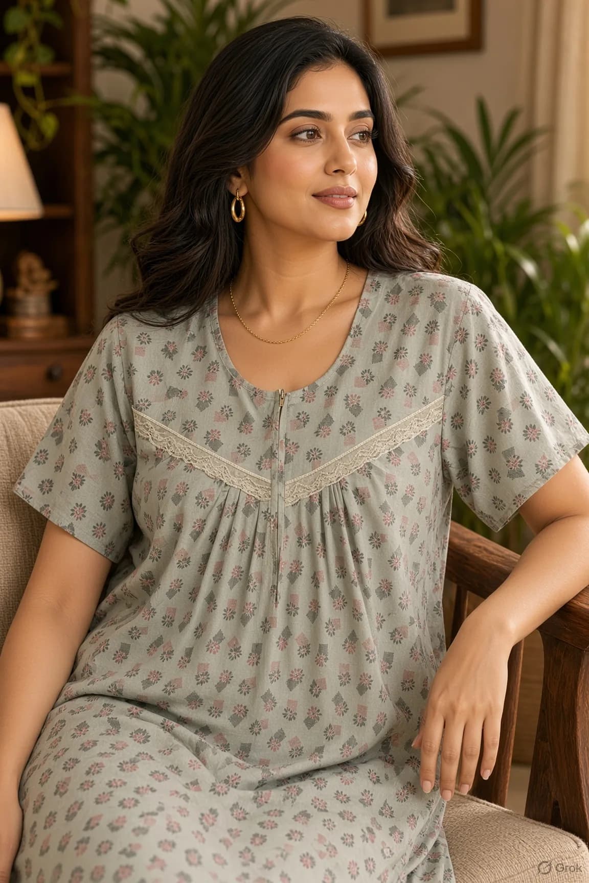 Sage Green Women’s Floral Printed Soft Nightgown with Lace & Front Zip