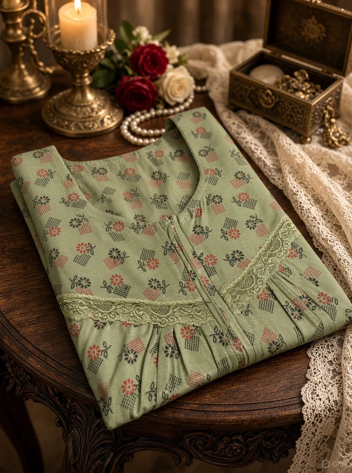 Sage Green Women’s Floral Printed Soft Nightgown with Lace & Front Zip