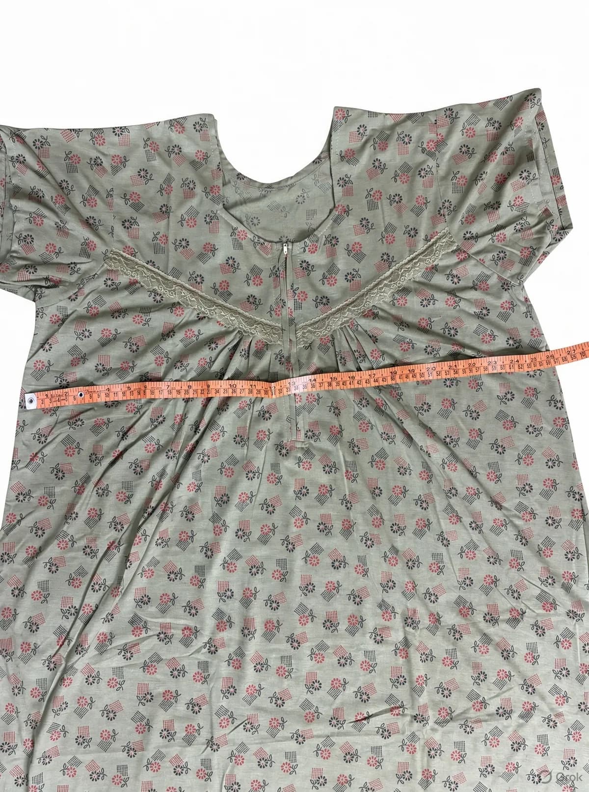Sage Green Women’s Floral Printed Soft Nightgown with Lace & Front Zip