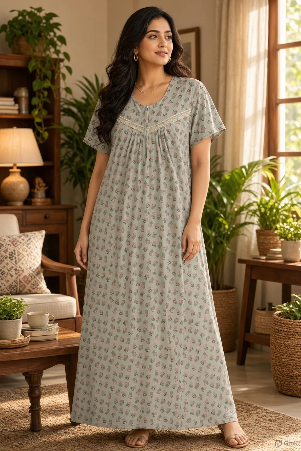 Sage Green Women’s Floral Printed Soft Nightgown with Lace & Front Zip