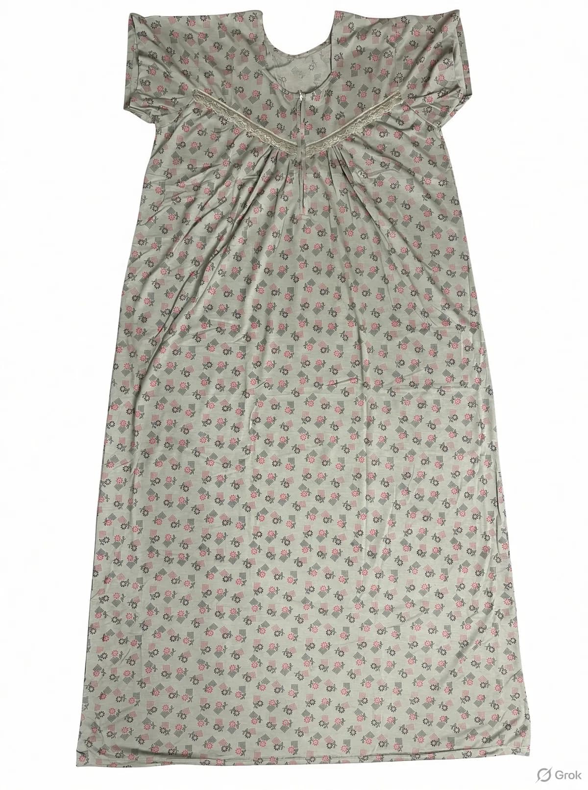 Sage Green Women’s Floral Printed Soft Nightgown with Lace & Front Zip