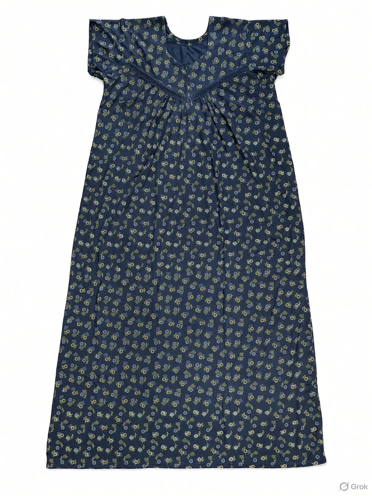 Navy Blue Women’s Floral Printed Soft Nightgown with Lace & Front Zip