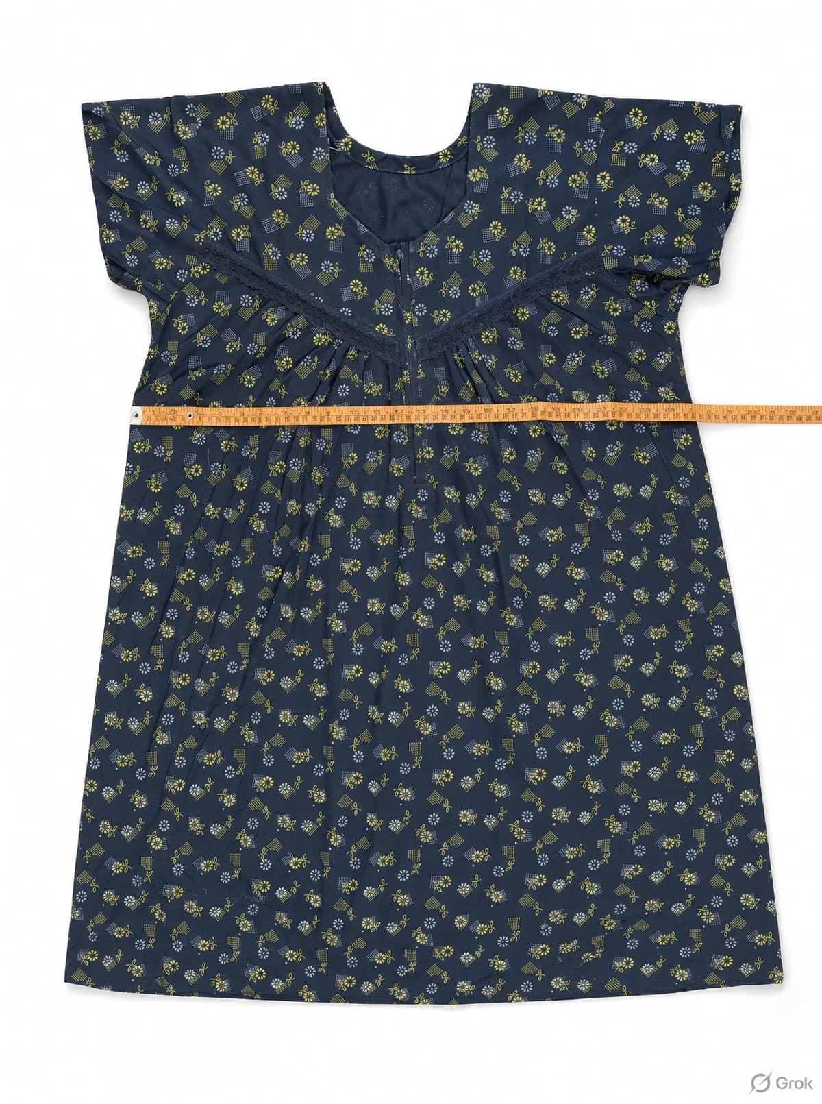 Navy Blue Women’s Floral Printed Soft Nightgown with Lace & Front Zip