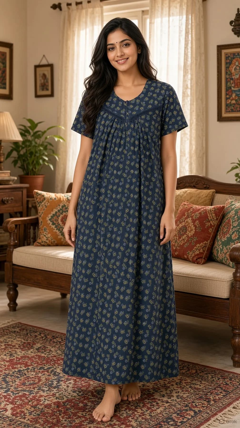 Navy Blue Women’s Floral Printed Soft Nightgown with Lace & Front Zip