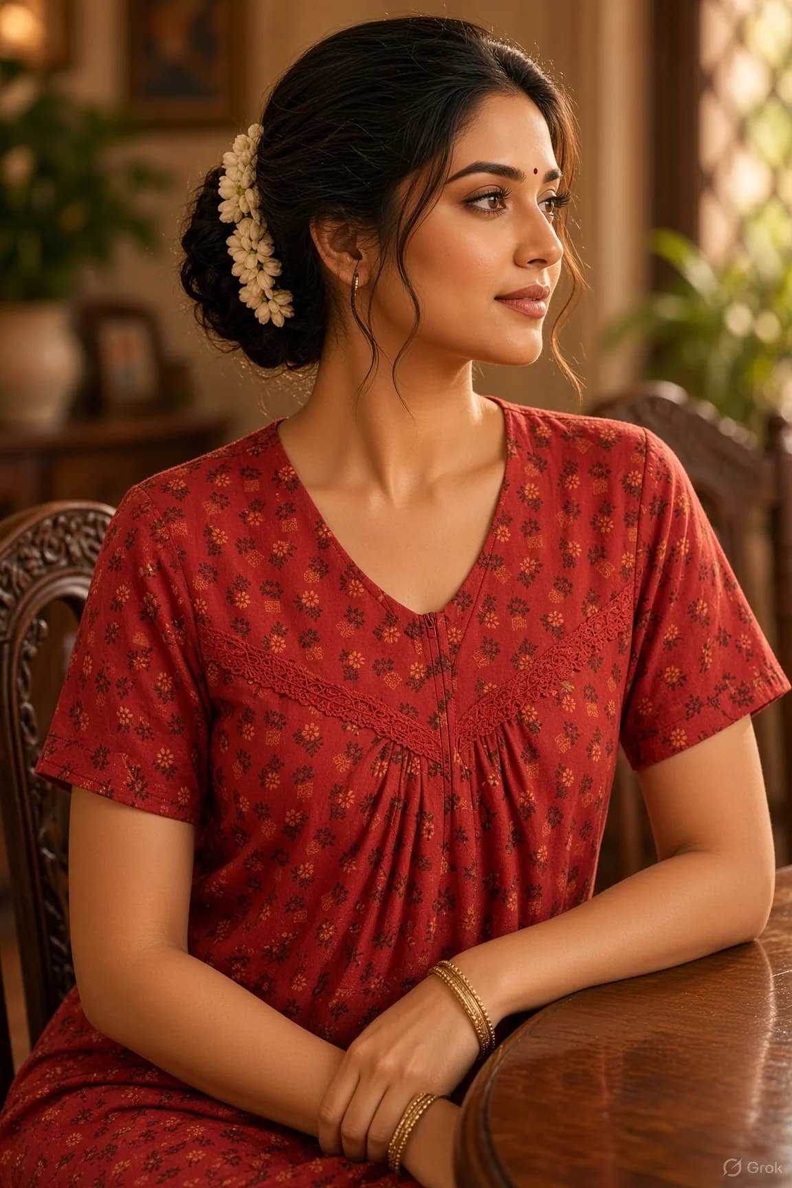 Red Women’s Floral Printed Soft Nightgown with Lace & Front Zip