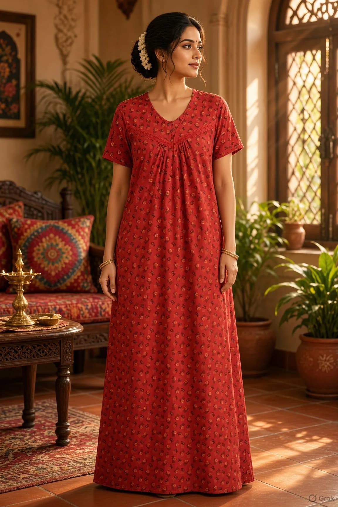 Red Women’s Floral Printed Soft Nightgown with Lace & Front Zip